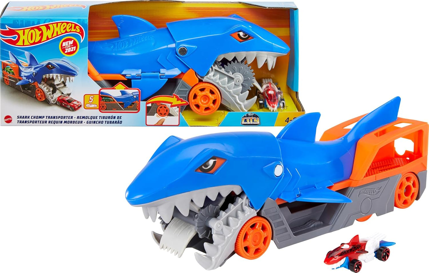 Hot Wheels Shark Chomp Transporter Playset & Diecast Car, GVG36
