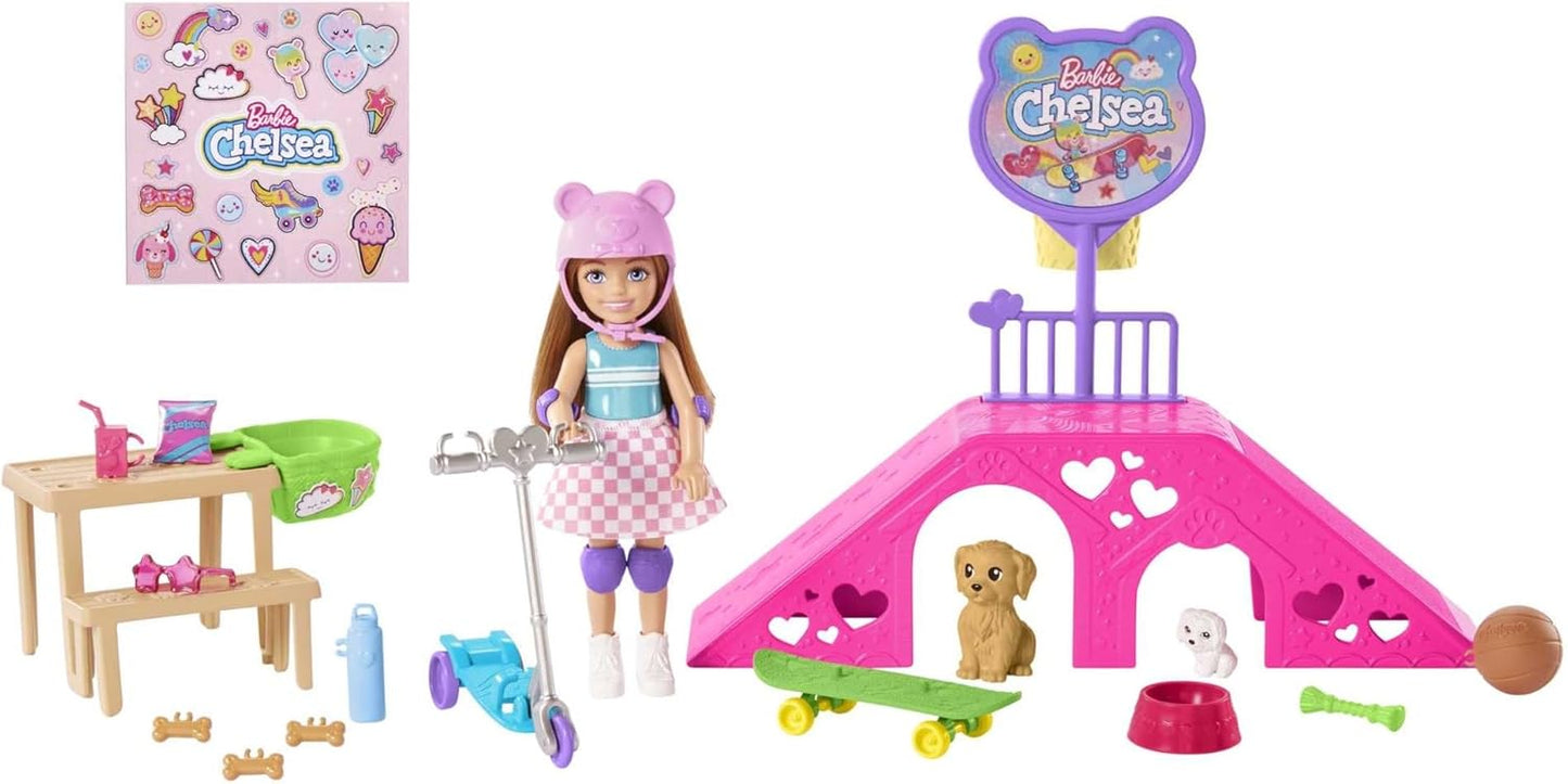 Barbie Chelsea Doll & Skate Park Playset with 2 Puppies, Skate Ramp (HJY35)