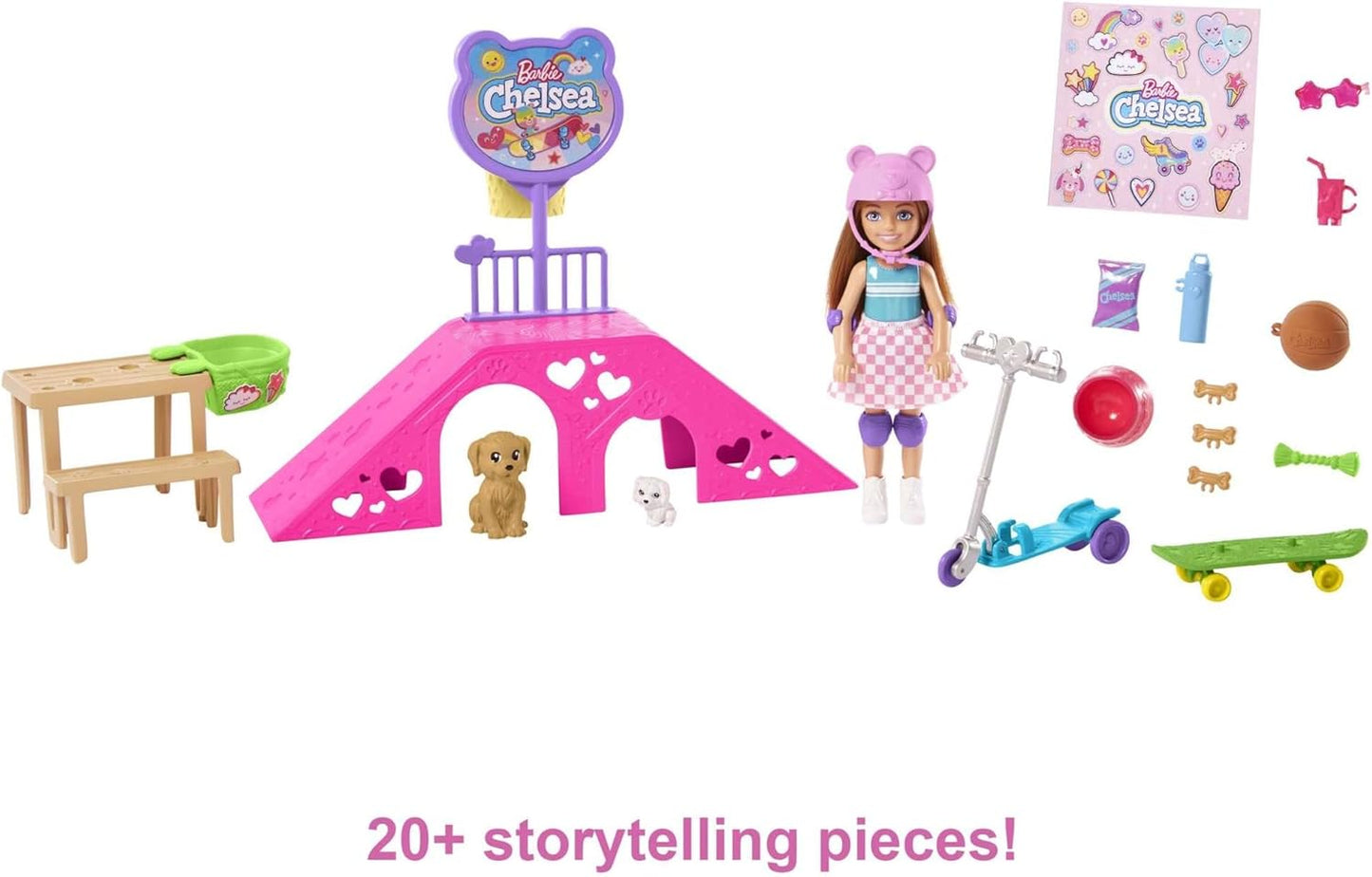 Barbie Chelsea Doll & Skate Park Playset with 2 Puppies, Skate Ramp (HJY35)