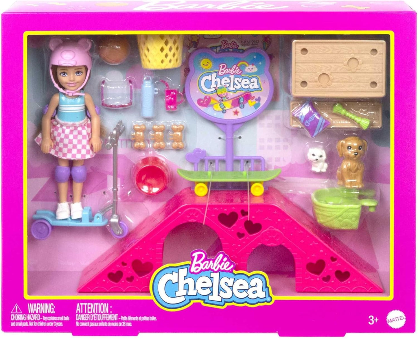 Barbie Chelsea Doll & Skate Park Playset with 2 Puppies, Skate Ramp (HJY35)