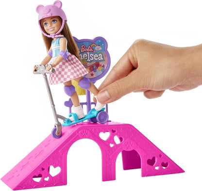 Barbie Chelsea Doll & Skate Park Playset with 2 Puppies, Skate Ramp (HJY35)