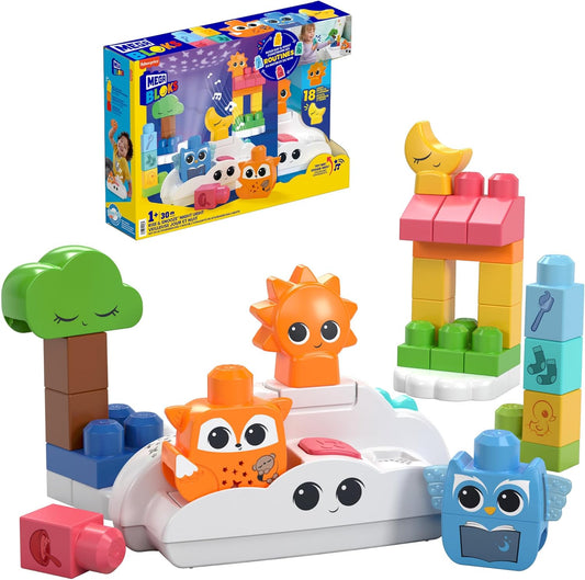 MEGA BLOKS Fisher-Price Toddler Building Blocks Toy, Rise & Snooze Night Light with 30 Pieces, Sound and Light Effects, Star Projector, Ages 1+ Years, HTH43