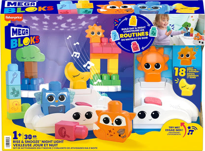 MEGA BLOKS Fisher-Price Toddler Building Blocks Toy, Rise & Snooze Night Light with 30 Pieces, Sound and Light Effects, Star Projector, Ages 1+ Years, HTH43