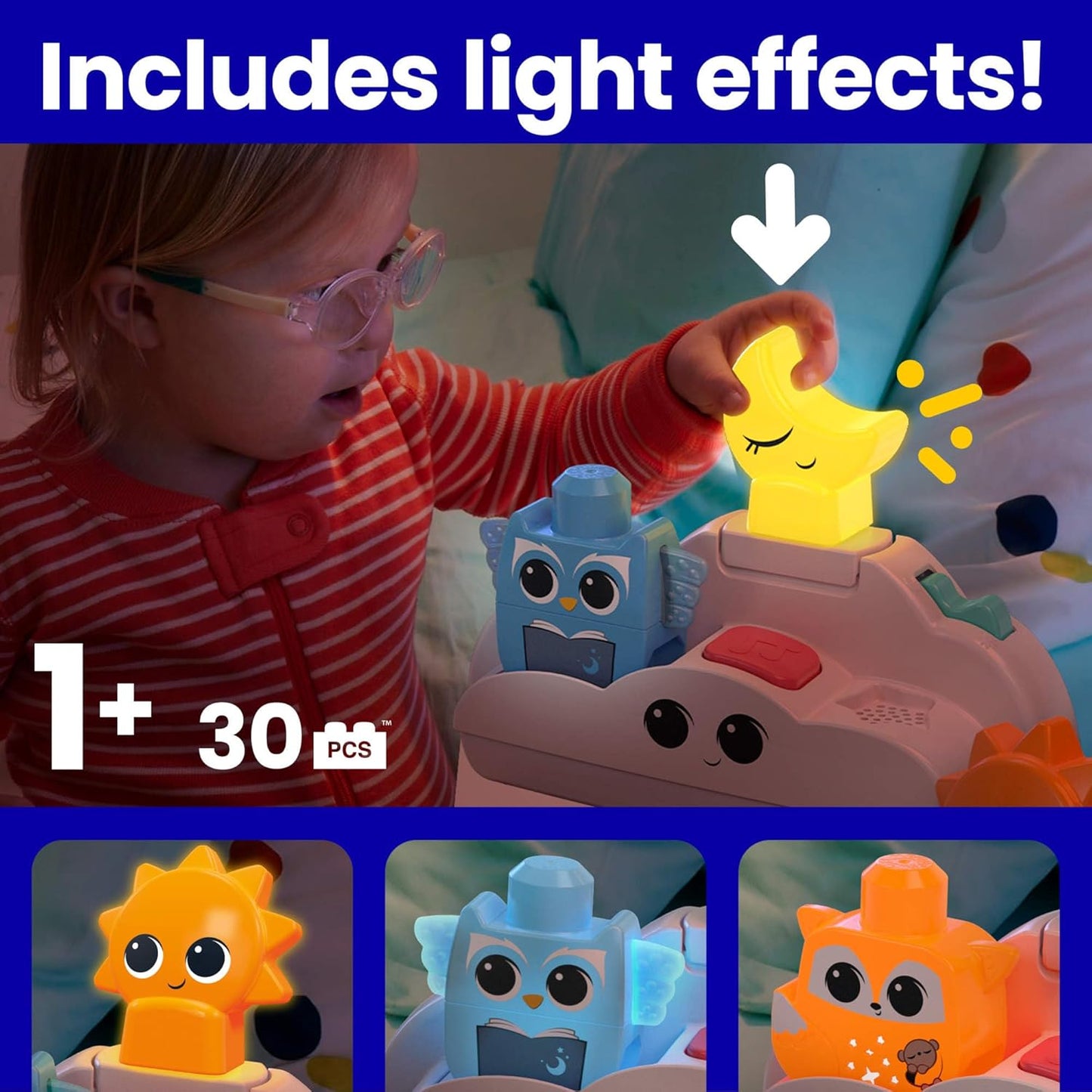 MEGA BLOKS Fisher-Price Toddler Building Blocks Toy, Rise & Snooze Night Light with 30 Pieces, Sound and Light Effects, Star Projector, Ages 1+ Years, HTH43