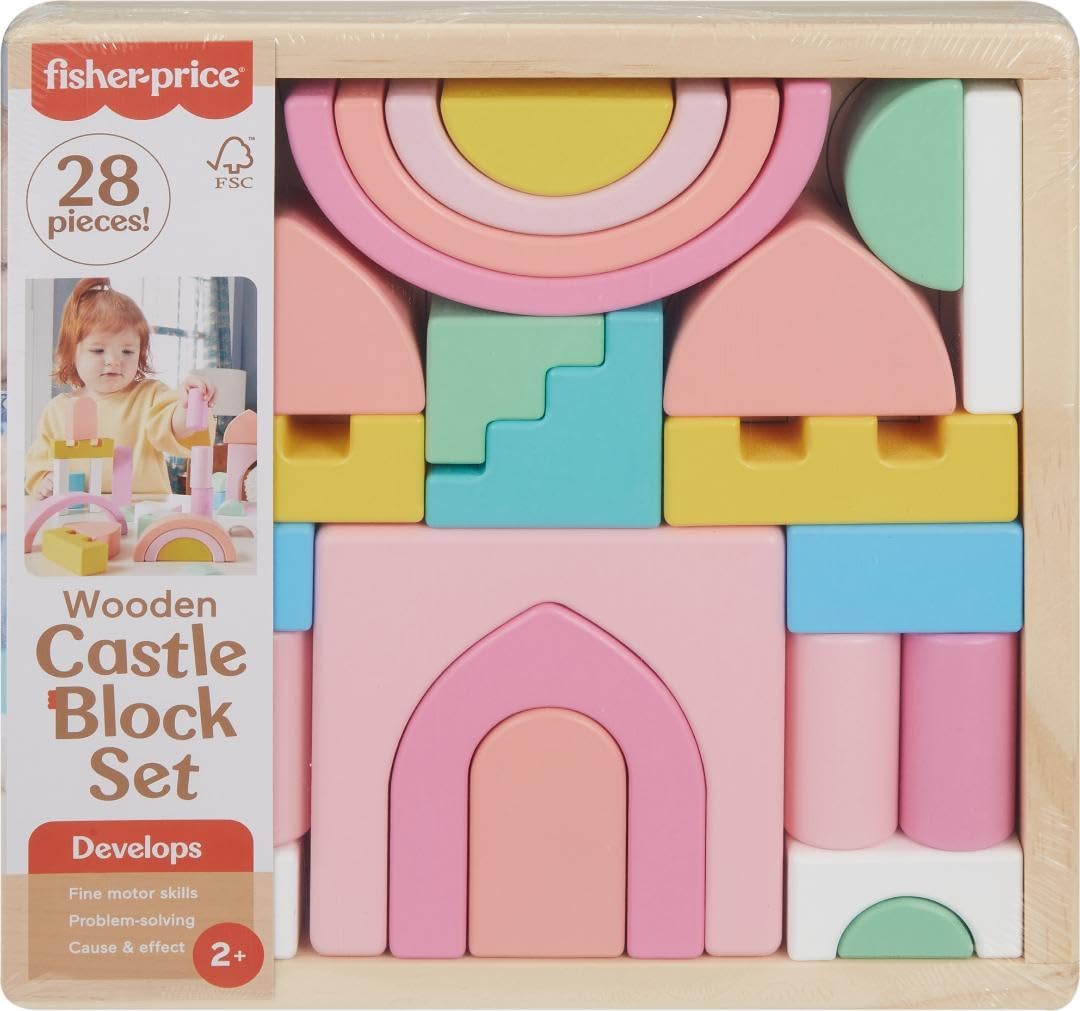 Fisher-Price Wood Toddler Toy Castle Block Set, 28 Wooden Pieces for Stacking Developmental Play (HXT80)