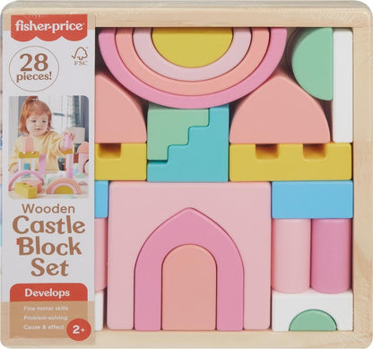 Fisher-Price Wood Toddler Toy Castle Block Set, 28 Wooden Pieces for Stacking Developmental Play (HXT80)