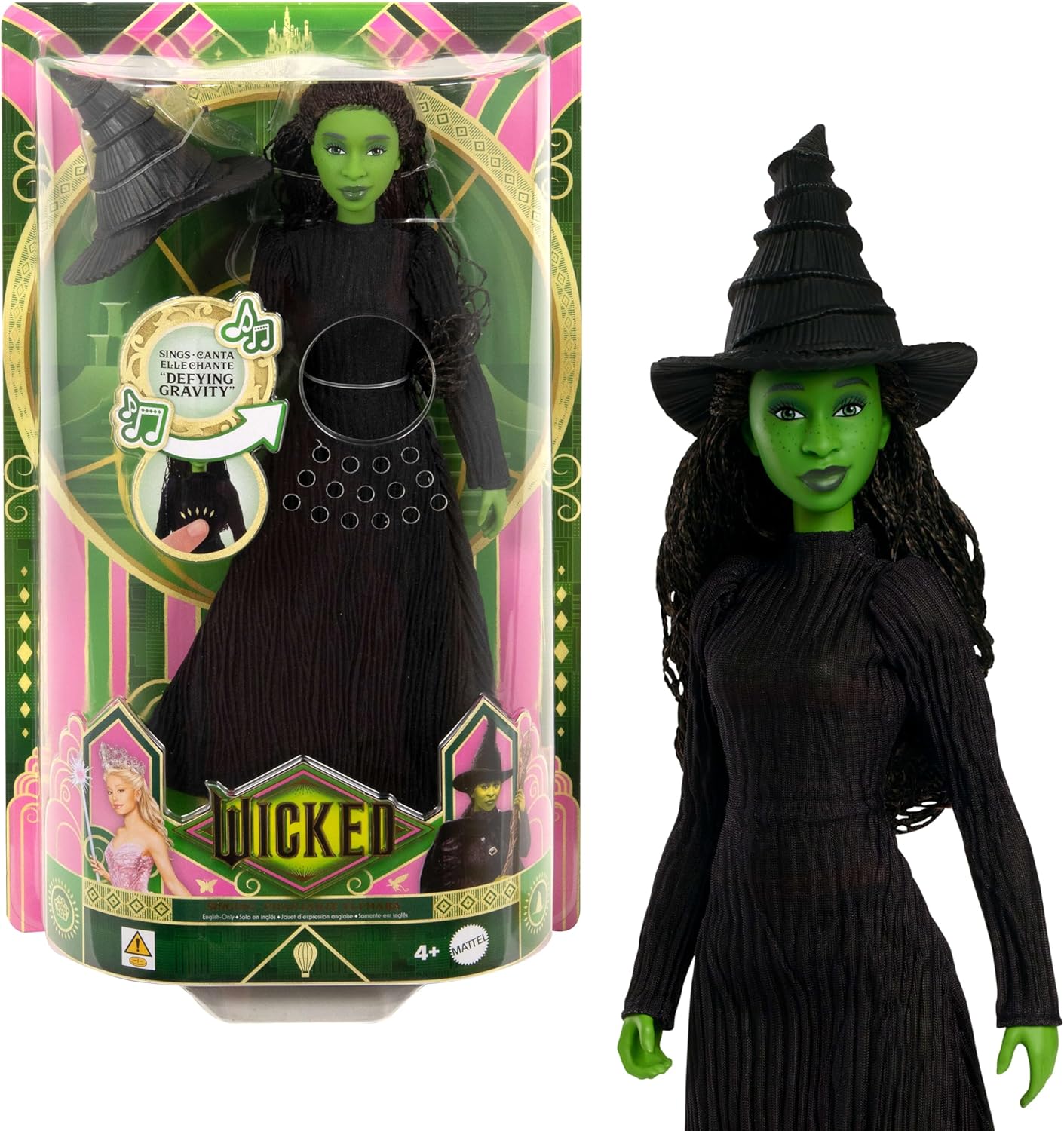 Mattel Wicked Singing Elphaba Fashion Doll & Accessories, Posable with Movie-Inspired Look & Removable Outfit, Sings “Defying Gravity” (HYM40)
