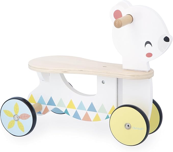 Janod - Wooden Baby Bear Carrier - Silent and Directional Front Wheels - Seat Height 20.5 cm - Learning Balance and Motor Skills - FSC Wooden Toy