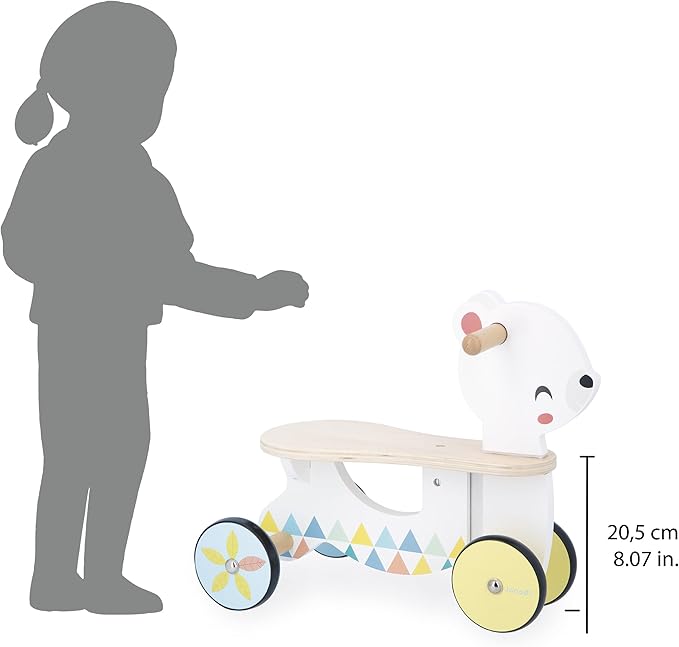 Janod - Wooden Baby Bear Carrier - Silent and Directional Front Wheels - Seat Height 20.5 cm - Learning Balance and Motor Skills - FSC Wooden Toy