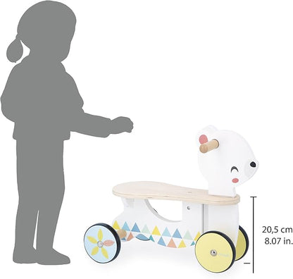 Janod - Wooden Baby Bear Carrier - Silent and Directional Front Wheels - Seat Height 20.5 cm - Learning Balance and Motor Skills - FSC Wooden Toy