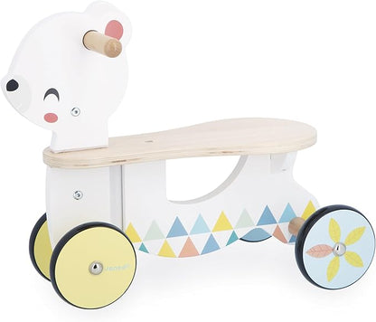 Janod - Wooden Baby Bear Carrier - Silent and Directional Front Wheels - Seat Height 20.5 cm - Learning Balance and Motor Skills - FSC Wooden Toy