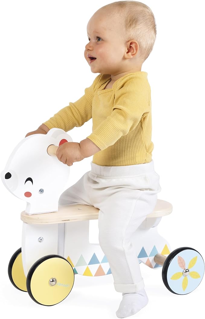 Janod - Wooden Baby Bear Carrier - Silent and Directional Front Wheels - Seat Height 20.5 cm - Learning Balance and Motor Skills - FSC Wooden Toy