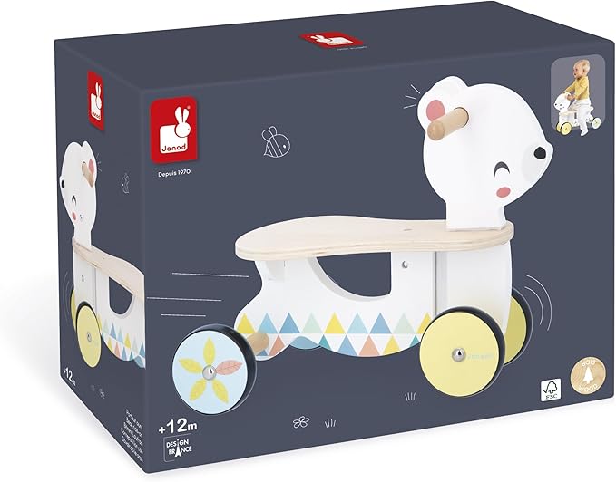 Janod - Wooden Baby Bear Carrier - Silent and Directional Front Wheels - Seat Height 20.5 cm - Learning Balance and Motor Skills - FSC Wooden Toy