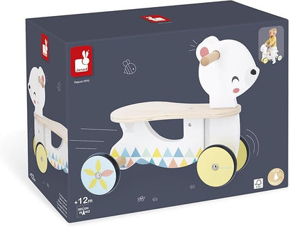 Janod - Wooden Baby Bear Carrier - Silent and Directional Front Wheels - Seat Height 20.5 cm - Learning Balance and Motor Skills - FSC Wooden Toy