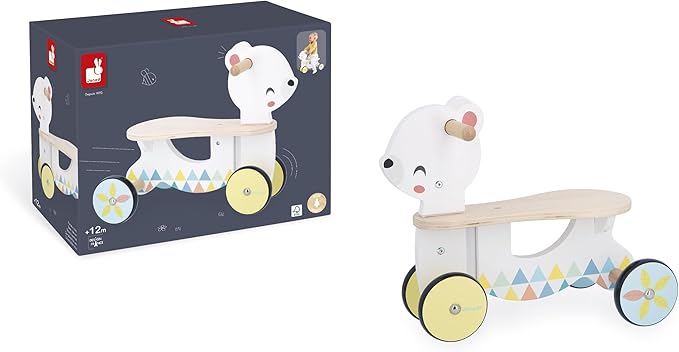 Janod - Wooden Baby Bear Carrier - Silent and Directional Front Wheels - Seat Height 20.5 cm - Learning Balance and Motor Skills - FSC Wooden Toy