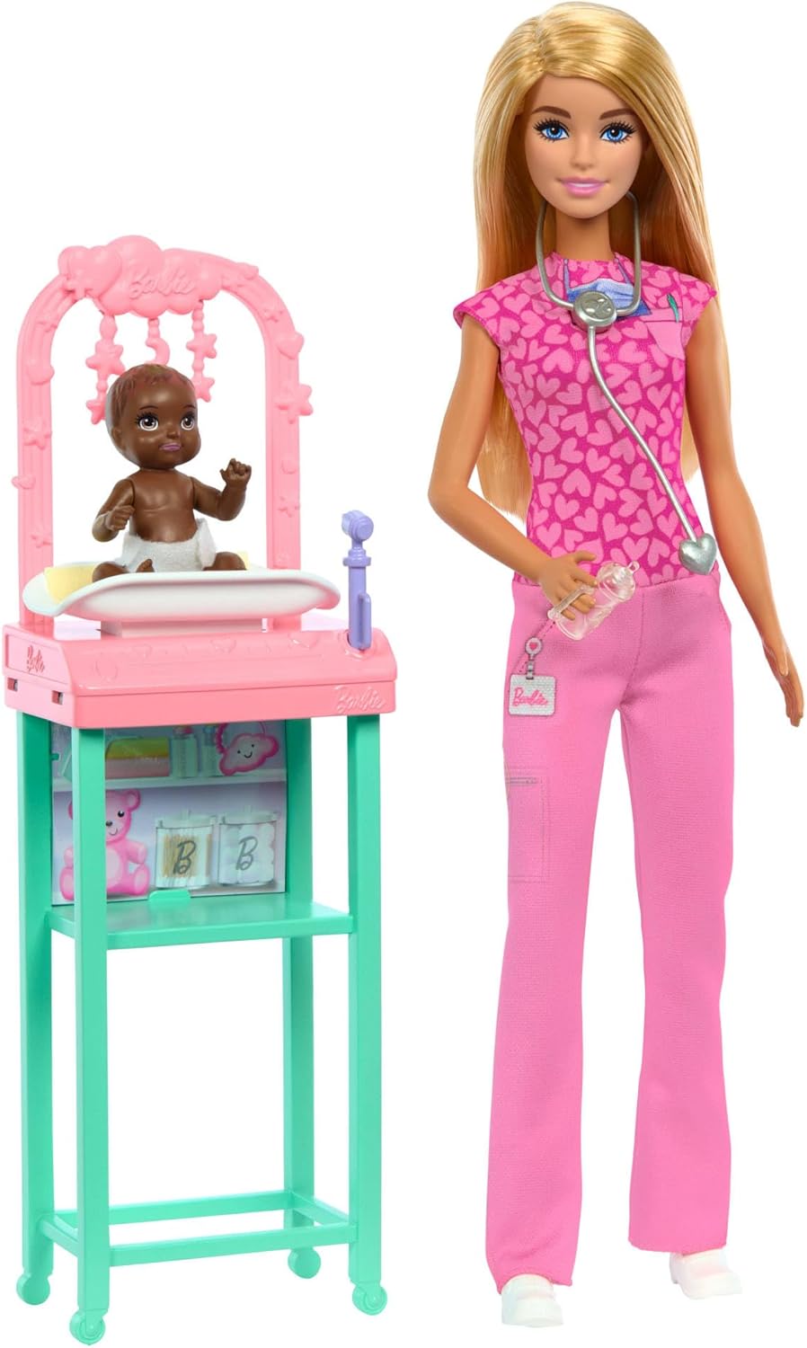 Barbie Baby Doctor Doll with Blonde Fashion Doll Wearing Pink Scrubs, 1 Baby Doll with Baby Accessories & Furniture, JCR72