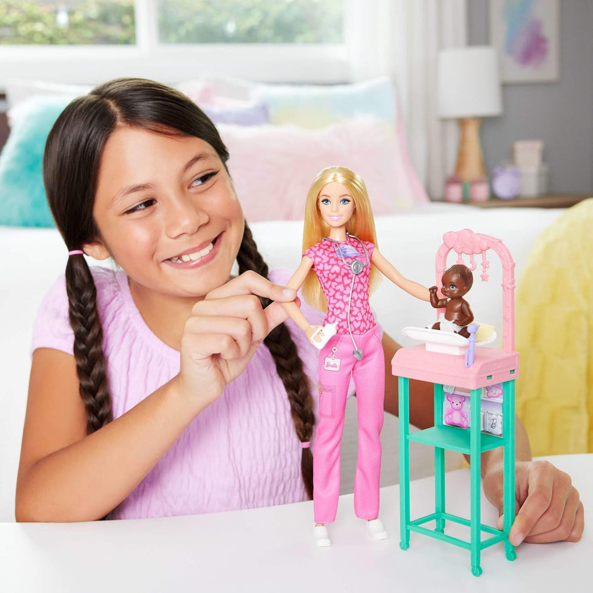 Barbie Baby Doctor Doll with Blonde Fashion Doll Wearing Pink Scrubs, 1 Baby Doll with Baby Accessories & Furniture, JCR72