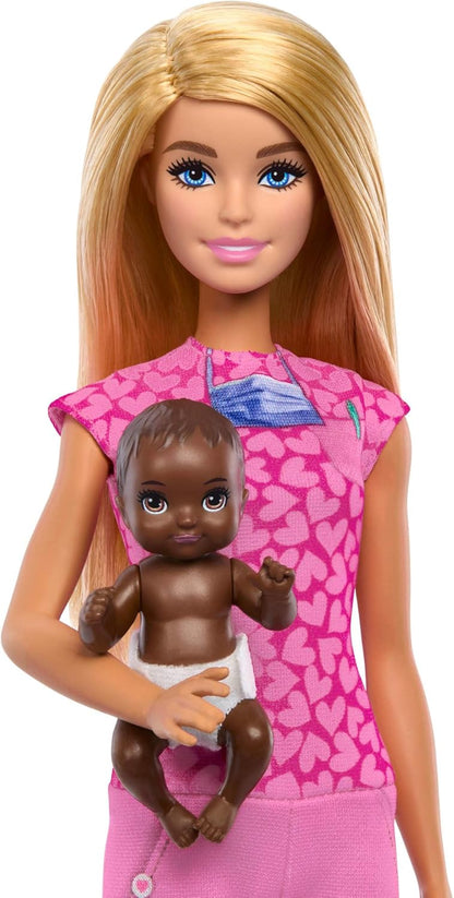 Barbie Baby Doctor Doll with Blonde Fashion Doll Wearing Pink Scrubs, 1 Baby Doll with Baby Accessories & Furniture, JCR72