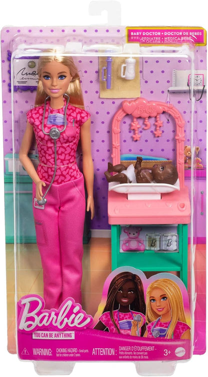 Barbie Baby Doctor Doll with Blonde Fashion Doll Wearing Pink Scrubs, 1 Baby Doll with Baby Accessories & Furniture, JCR72