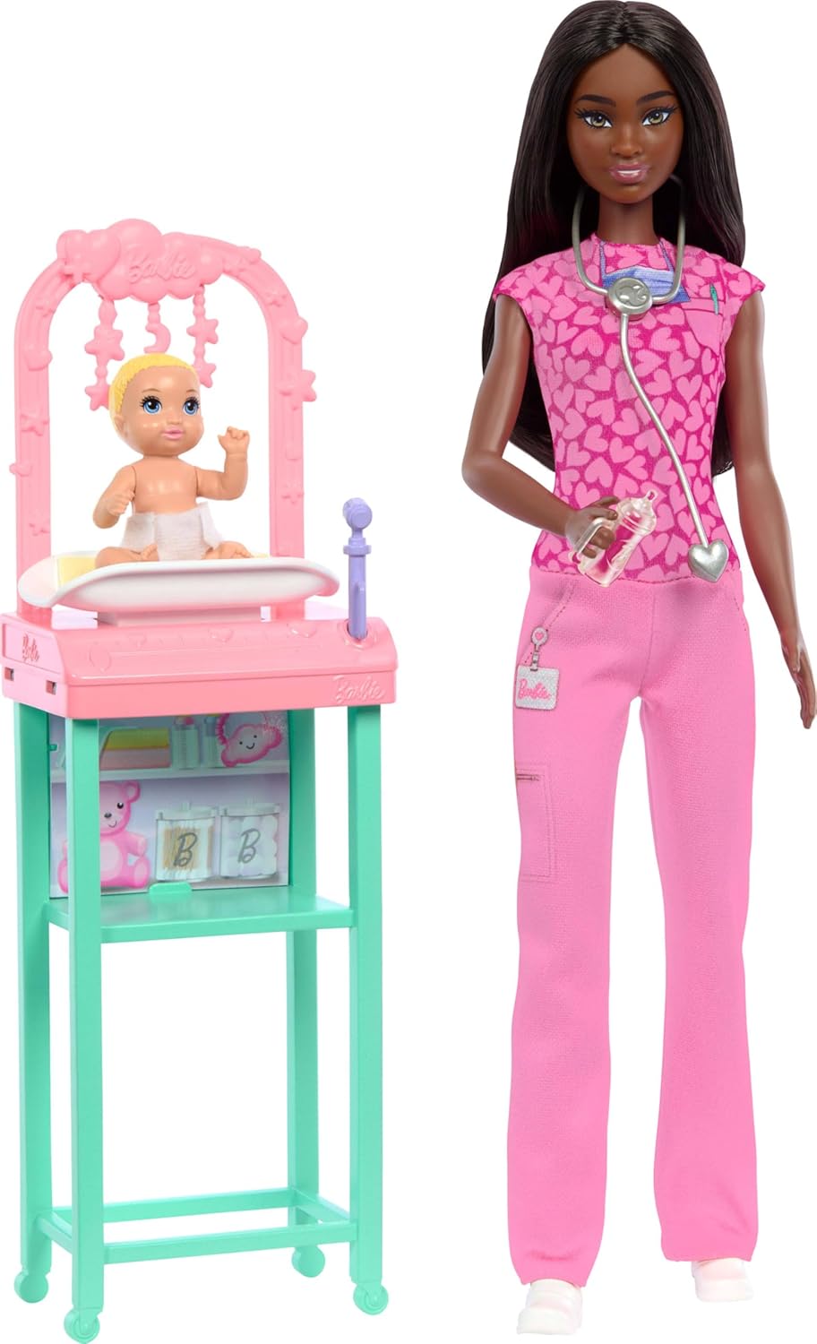 Barbie Baby Doctor with Brunette Fashion Doll Wearing Pink Scrubs, 1 Baby Doll with Accessories & Furniture JCR73