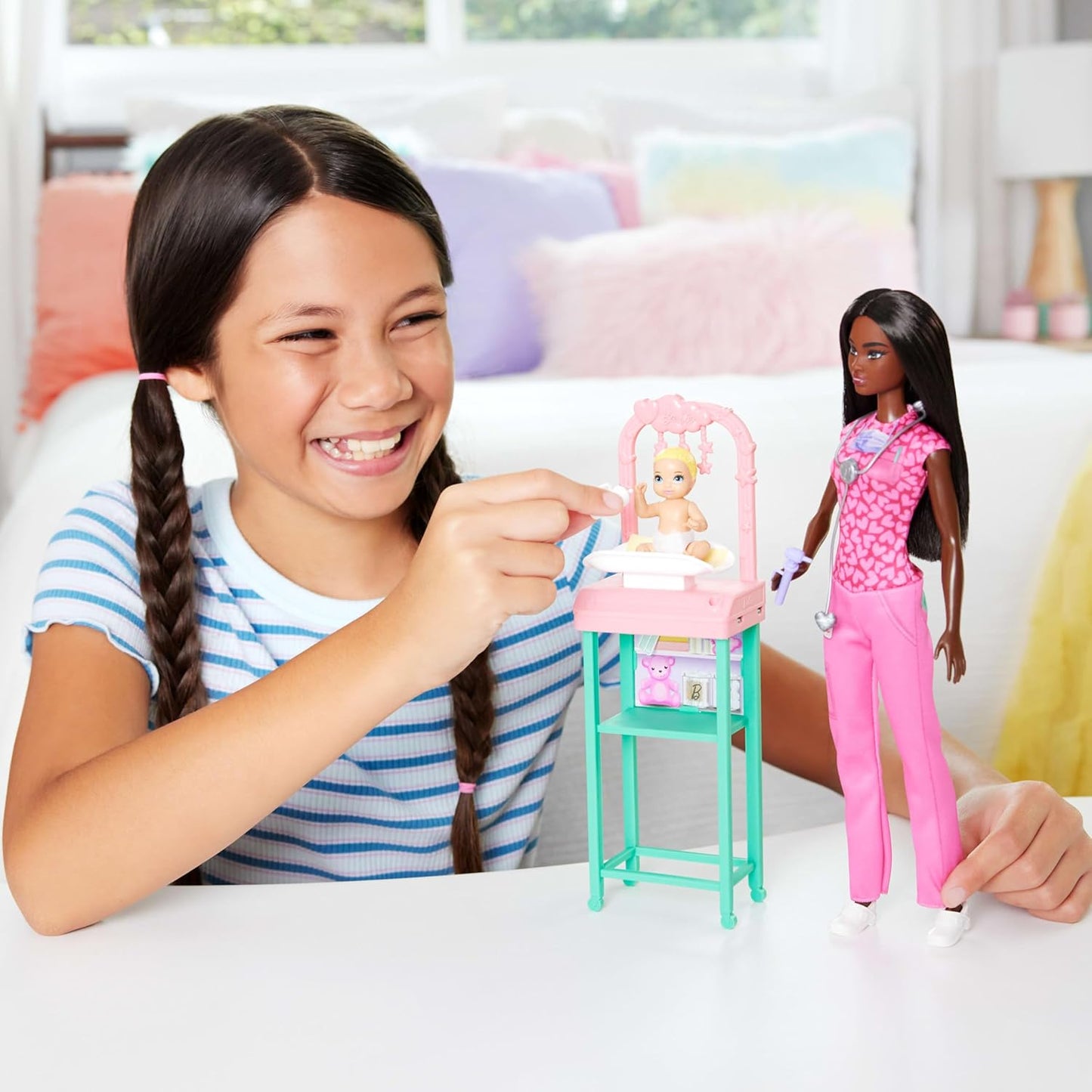 Barbie Baby Doctor with Brunette Fashion Doll Wearing Pink Scrubs, 1 Baby Doll with Accessories & Furniture JCR73