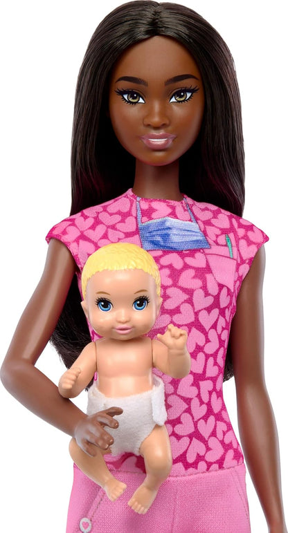 Barbie Baby Doctor with Brunette Fashion Doll Wearing Pink Scrubs, 1 Baby Doll with Accessories & Furniture JCR73