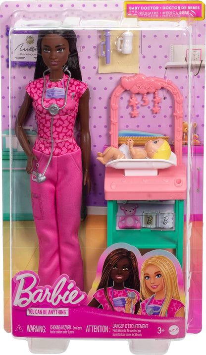 Barbie Baby Doctor with Brunette Fashion Doll Wearing Pink Scrubs, 1 Baby Doll with Accessories & Furniture JCR73