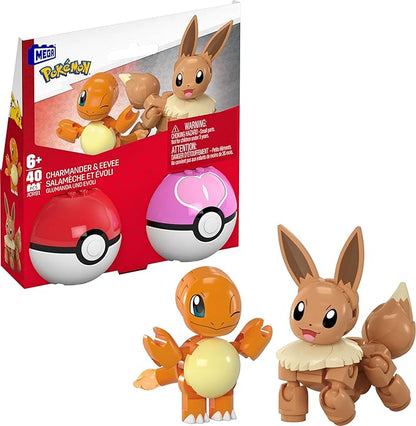 MEGA Pokémon Action Figure Building Toys Set, Poké Ball 2-Pack, Charmander and Eevee with 40 Pieces, for Kids, JCR81