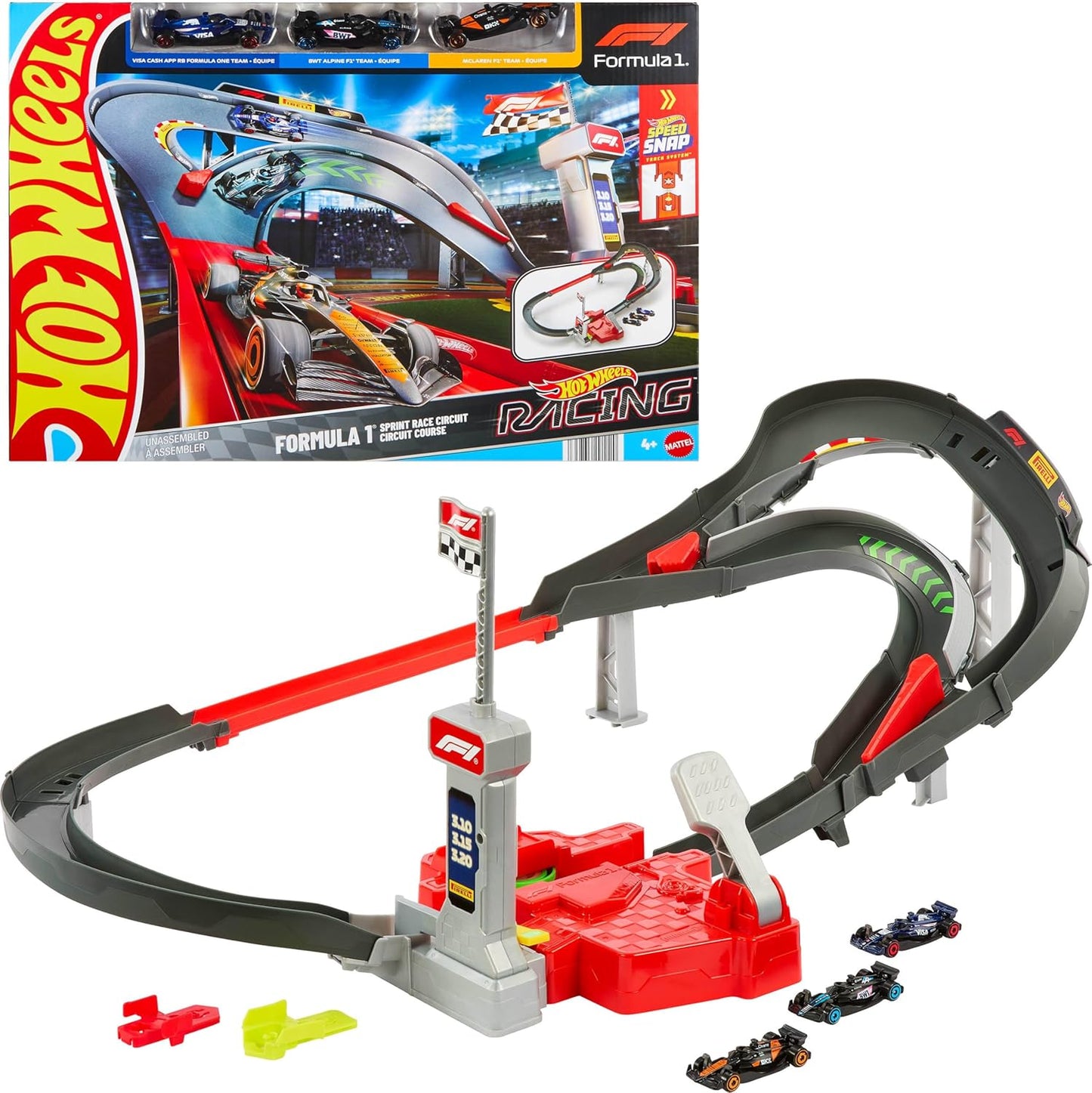 Hot Wheels Toy Car Track Set, 3 Formula 1 Die-Cast Vehicles in 1:64 Scale: McLaren F1 Team, Alpine & VCARB, Sprint Race Circuit (JDY15)
