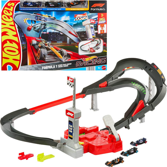 Hot Wheels Toy Car Track Set, 3 Formula 1 Die-Cast Vehicles in 1:64 Scale: McLaren F1 Team, Alpine & VCARB, Sprint Race Circuit (JDY15)