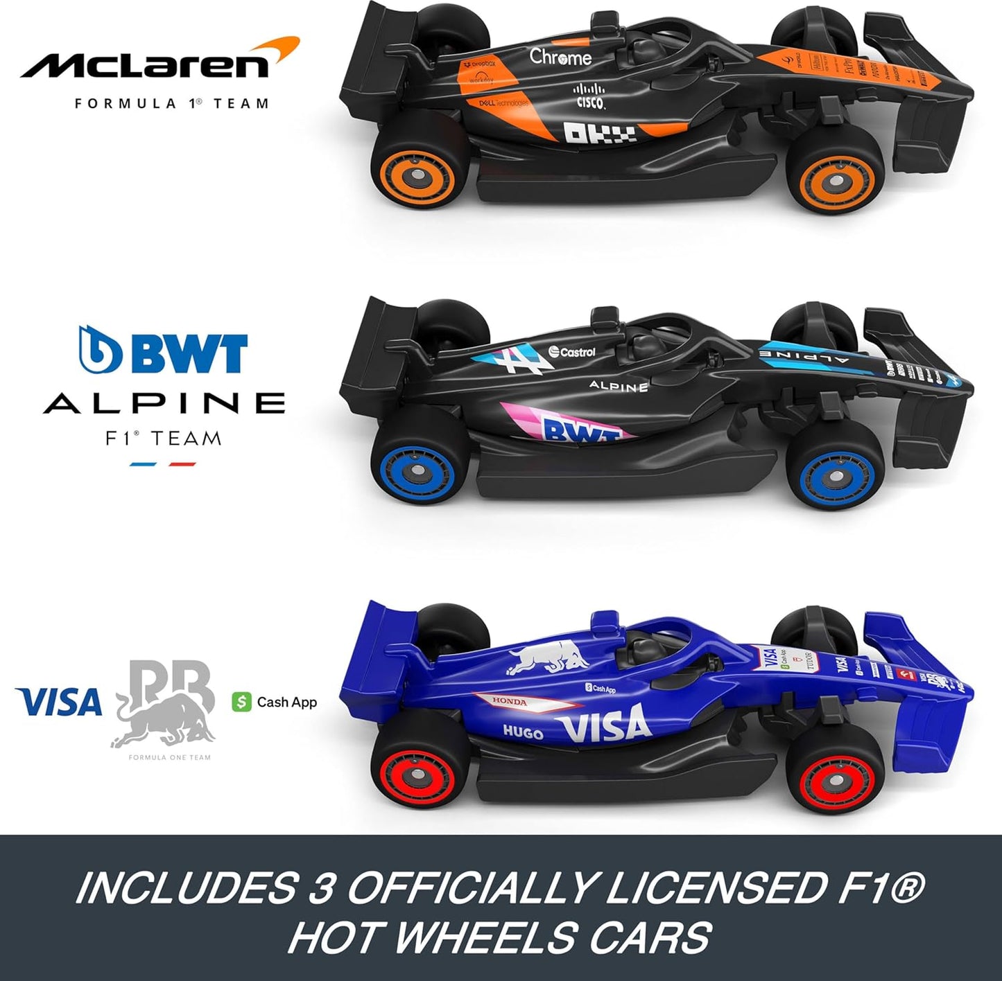 Hot Wheels Toy Car Track Set, 3 Formula 1 Die-Cast Vehicles in 1:64 Scale: McLaren F1 Team, Alpine & VCARB, Sprint Race Circuit (JDY15)