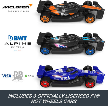 Hot Wheels Toy Car Track Set, 3 Formula 1 Die-Cast Vehicles in 1:64 Scale: McLaren F1 Team, Alpine & VCARB, Sprint Race Circuit (JDY15)
