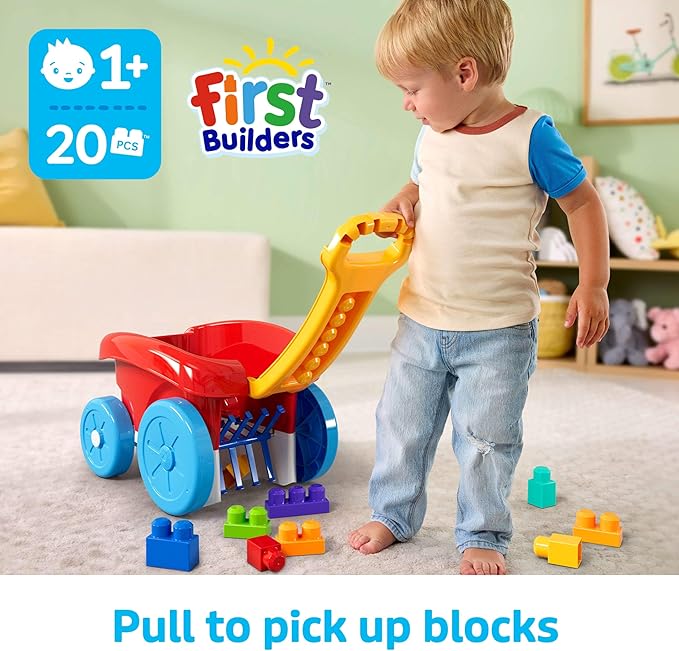 MEGA BLOKS First Builders Toddler Building Toy, Block Scooping Pull Wagon (JFR30)