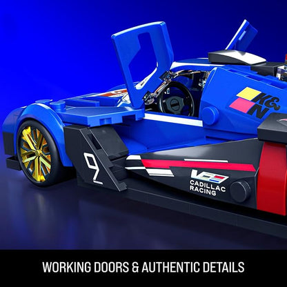 Toy race car with open doors on a blue background