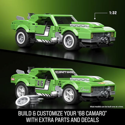 Green model car with '68 Camaro design on a green background
