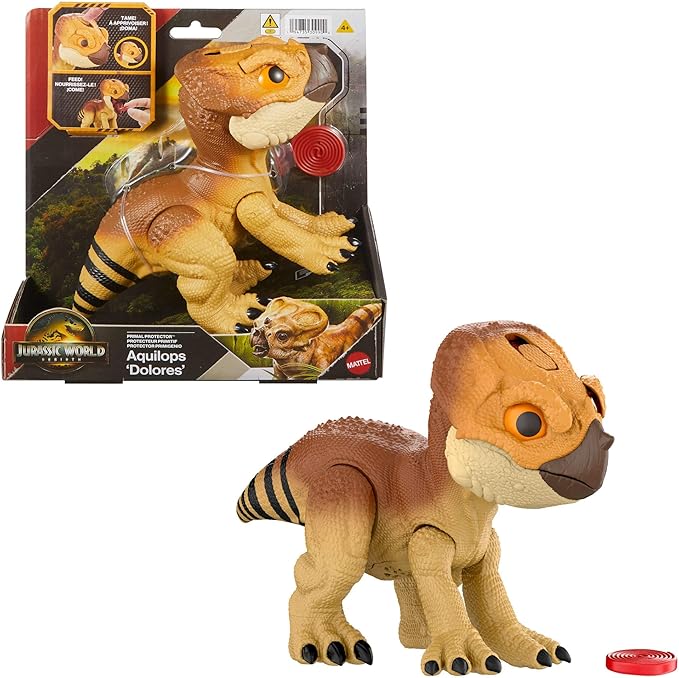 Mattel Jurassic World Rebirth Primal Protector Aquilops Dolores Interactive Dinosaur Toy with Attack Action & Sounds