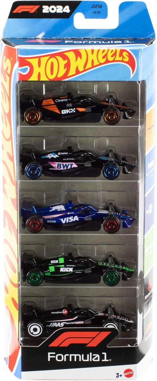 Hot Wheels Toy Cars Formula 1 5-Pack, Set of 5 1:64 Scale Die-Cast Vehicles Featuring F1 Racing Team Decos, Collectible Race Cars, JGF58