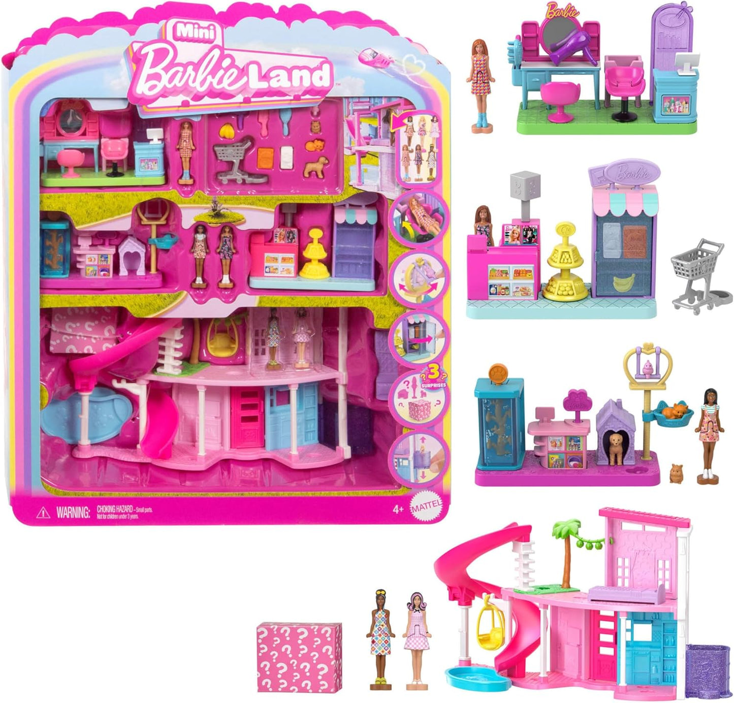 Mini Barbie Land DreamHouse & 3 Playsets w/ 4 1.5-Inch Dolls Pet Boutique & More