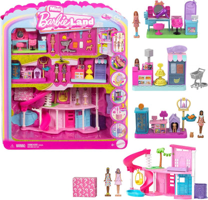 Mini Barbie Land DreamHouse & 3 Playsets w/ 4 1.5-Inch Dolls Pet Boutique & More