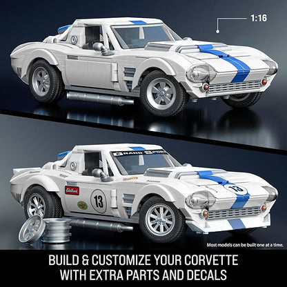 Model car kit of a Corvette with additional parts and decals on a dark background