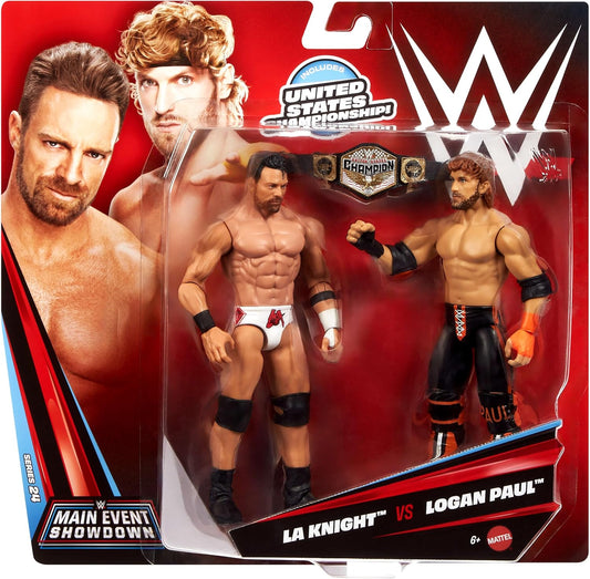 Mattel WWE Main Event Showdown Action Figures 2-Pack with Accessory, Series #24 LA Knight vs Logan Paul Collectible Set, 6-inch JHJ55