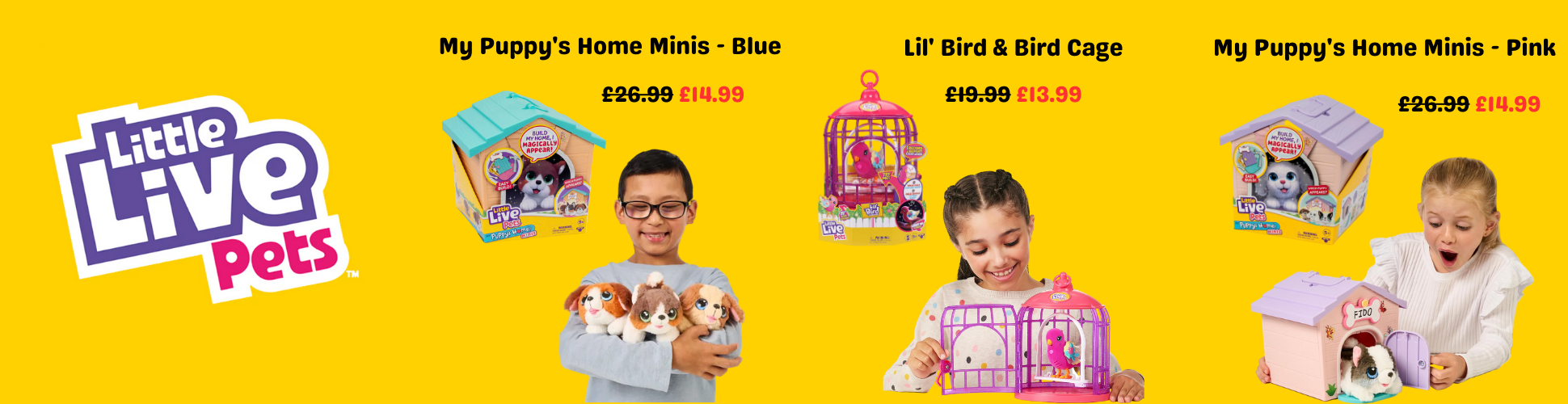 Advertisement for Little Live Pets toys with children playing with the products on a yellow background.