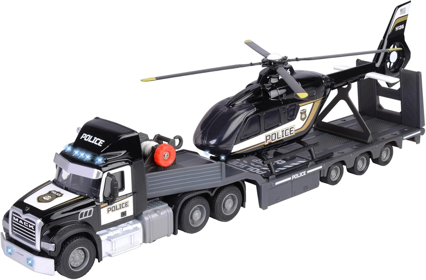 Majorette Mack Granite Truck & Police Airbus Helicopter, Lights + Sound