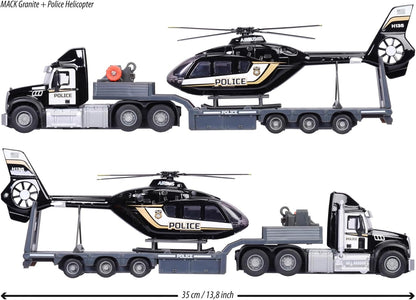 Majorette Mack Granite Truck & Police Airbus Helicopter, Lights + Sound