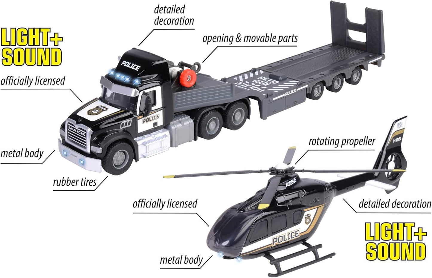 Majorette Mack Granite Truck & Police Airbus Helicopter, Lights + Sound