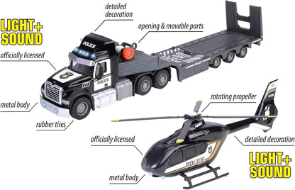 Majorette Mack Granite Truck & Police Airbus Helicopter, Lights + Sound