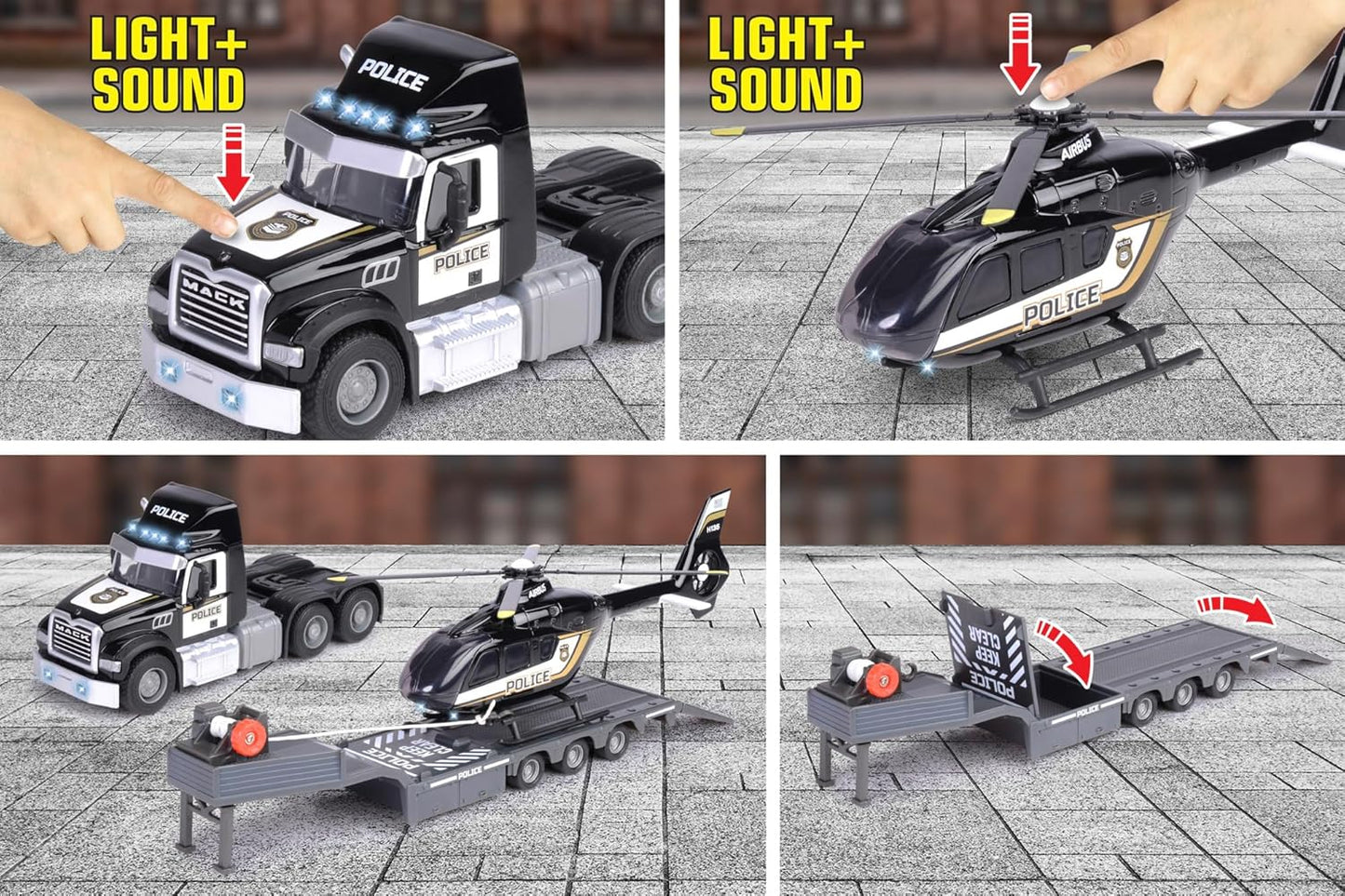 Majorette Mack Granite Truck & Police Airbus Helicopter, Lights + Sound