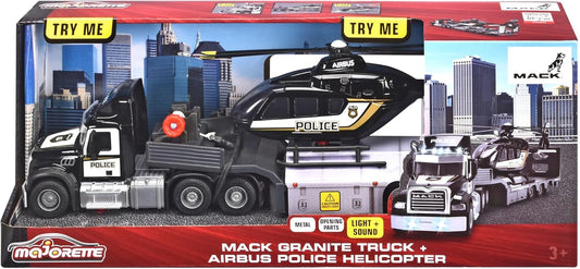 Majorette Mack Granite Truck & Police Airbus Helicopter, Lights + Sound
