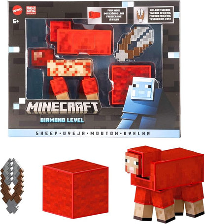Mattel Minecraft Diamond Level Red Sheep With Fluffy Wool Block & Shears