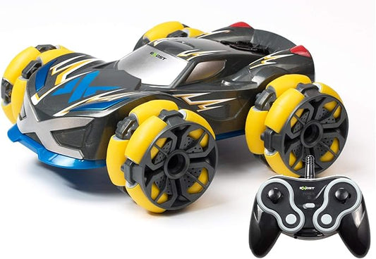 Toy car with yellow wheels and a remote control on a white background